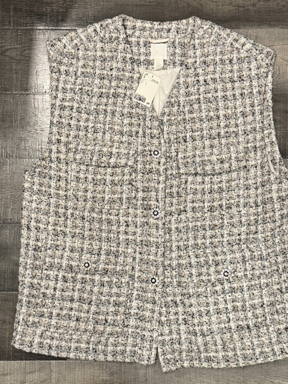 H&M Long Oversized Bouclé Vest with Embellished Buttons Size L